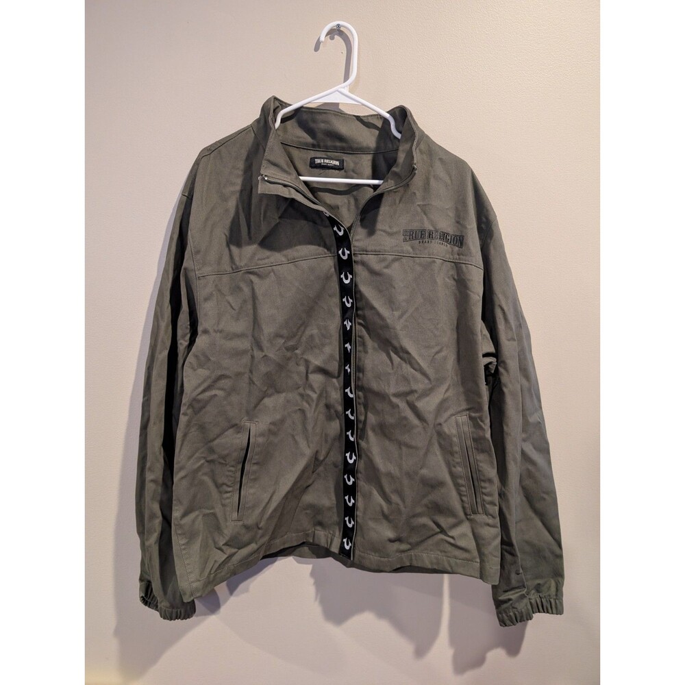 True Religion HS Twill Jacket Mens XL Kalamata Green Full Zip Logo Chore Buddha